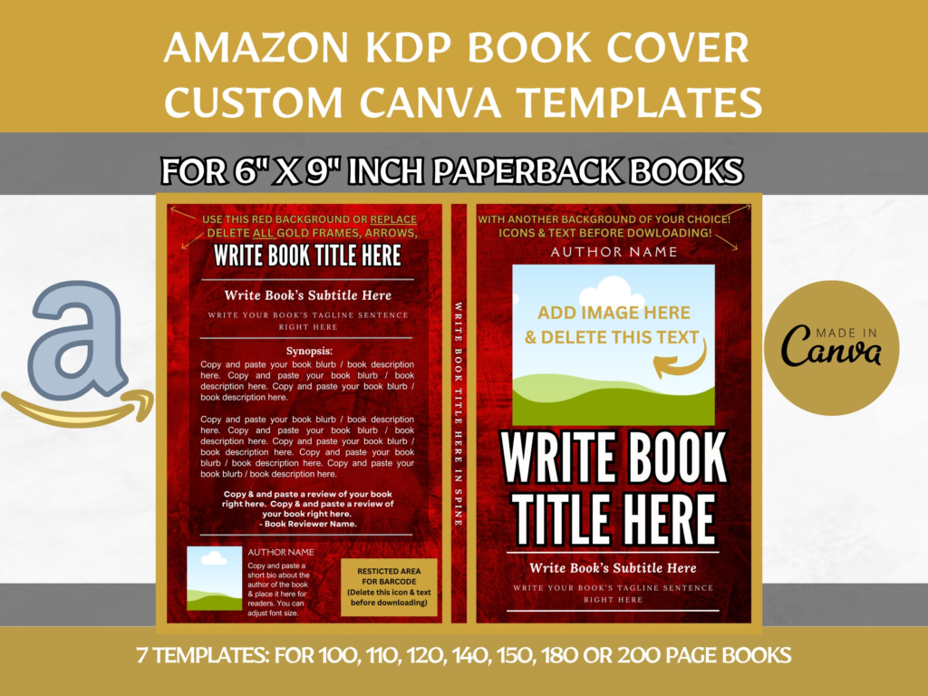 Editable Canva Book Cover Templates, 6x9 inch; Paperback Amazon KDP Book Cover Template Bundle for 100, 110, 120, 140, 150, 180, 200 Page Books, Editable Book Cover, kdp Book Template, Book Cover Template, kdp Template, Canva Book Template, kdp Book