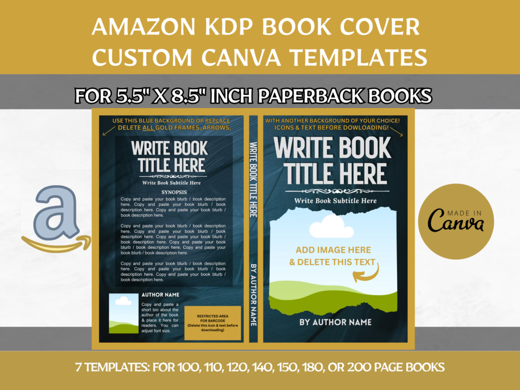 Editable Canva Book Cover Templates, 5.5x8.5" Paperback Amazon KDP Book Cover Template Bundle 100, 110, 120, 140, 150, 180, 200 Page Books kdp Book Template, Book Cover Template, kdp Template, Canva Book Template, kdp Book