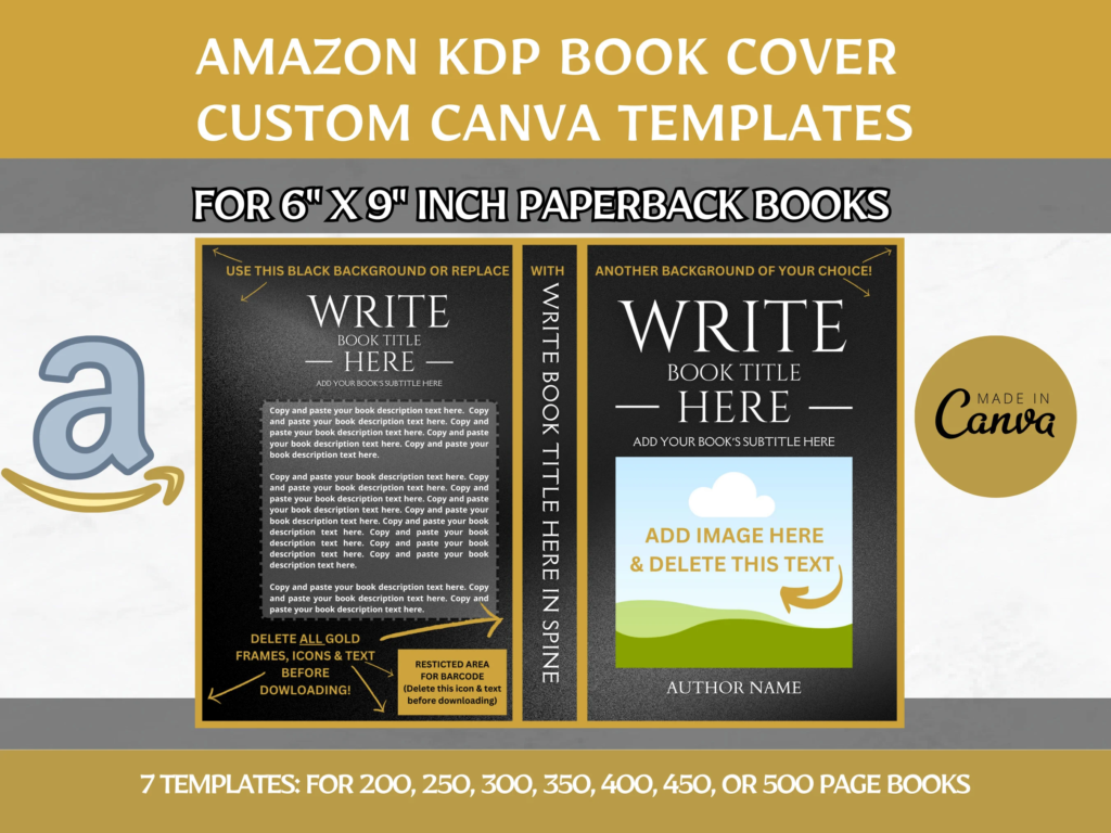 Editable Canva Book Cover Templates, 6x9" Paperback Amazon KDP Book Cover Template Bundle for 200, 250, 300, 350, 400, 450, 500 Page Books kdp Book Template, Book Cover Template, kdp Template, Canva Book Template, kdp Book