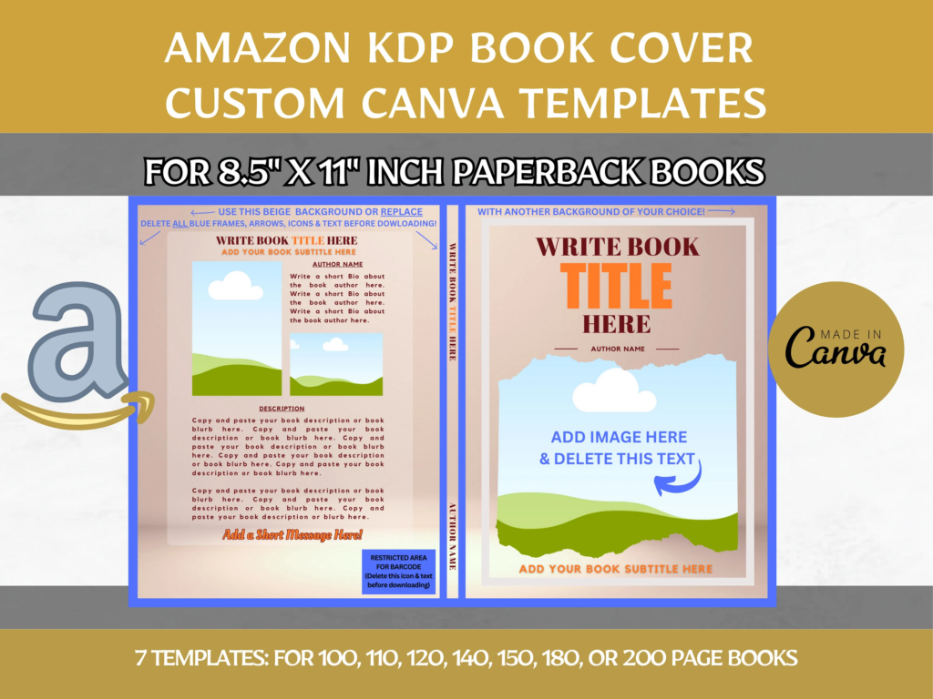 Editable Canva Book Cover Templates, 8.5x11" Paperback Amazon KDP Book Cover Template Bundle for 100, 110, 120, 140, 150, 180, 200 Page Book kdp Book Template, Book Cover Template, kdp Template, Canva Book Template, kdp Book