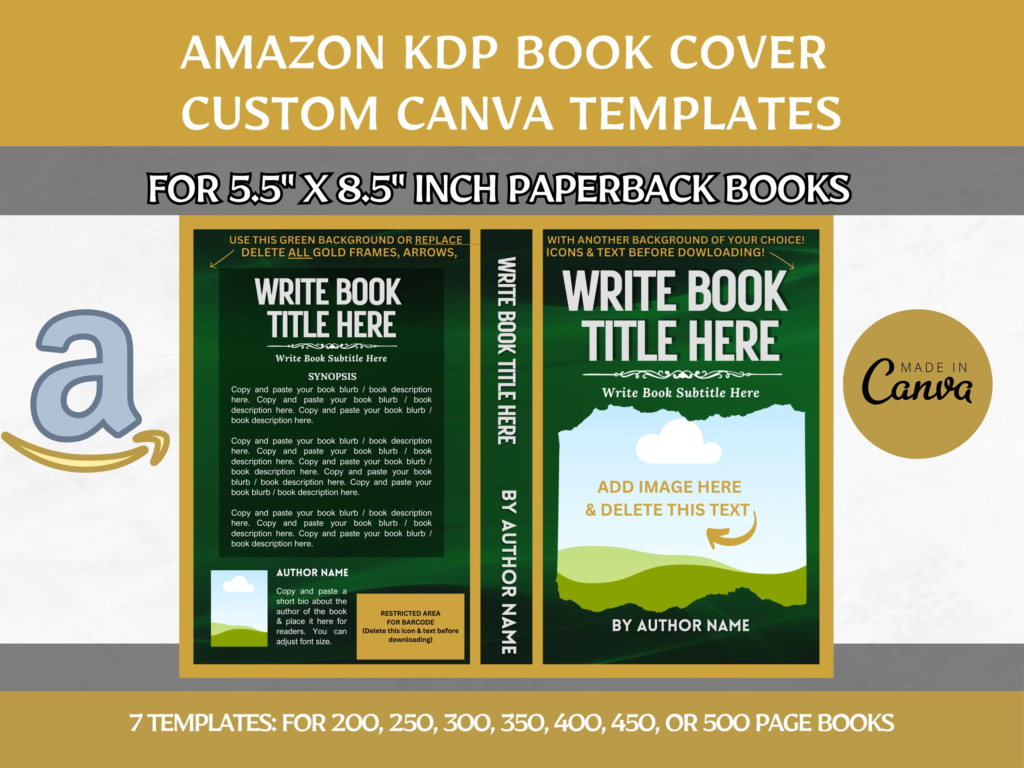 Editable Canva Book Cover Templates, 5.5x8.5 inch Paperback Amazon KDP Book Cover Template Bundle for 200, 250, 300, 350, 400, 450, 500 Page Books, Editable Book Cover, kdp Book Template, Book Cover Template, kdp Template, Canva Template, kdp 6x9 5x8