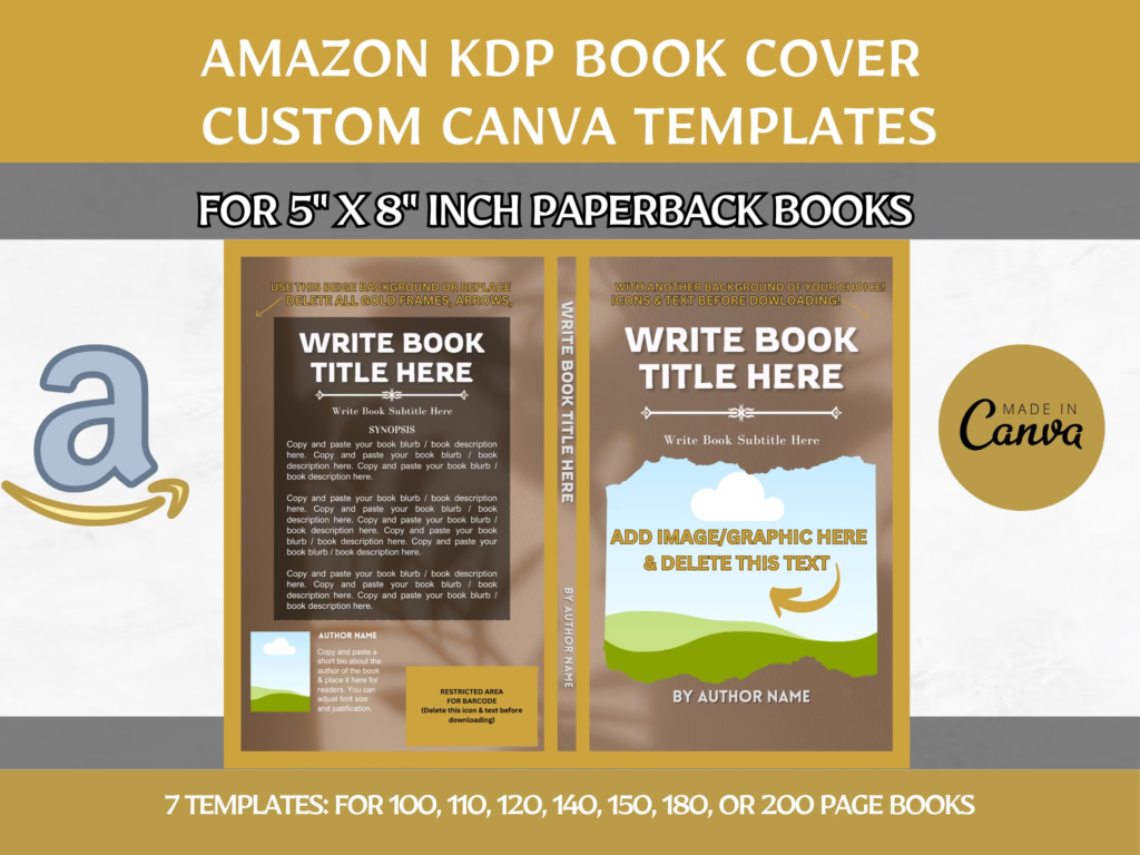 Editable Canva Book Cover Templates, 5x8 inch Paperback Amazon KDP Book Cover Template Bundle for 100, 110, 120, 140, 150, 180, 200 Page Books, Editable Book Cover, kdp Book Template, Book Cover Design, kdp Template, Canva Template, 6x9 5x8 5.5x8.5